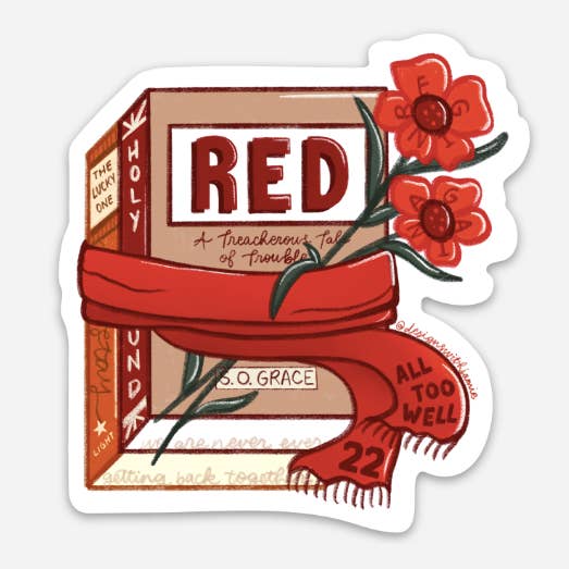 Decorative sticker with image of books tied with red scarf and flowers with song titles from Taylor Swift Red album.