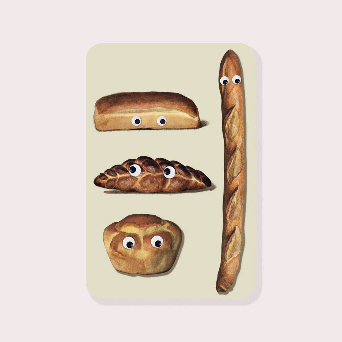 Decorative sticker with tan background with images of loaves of bread with googly eyes. 