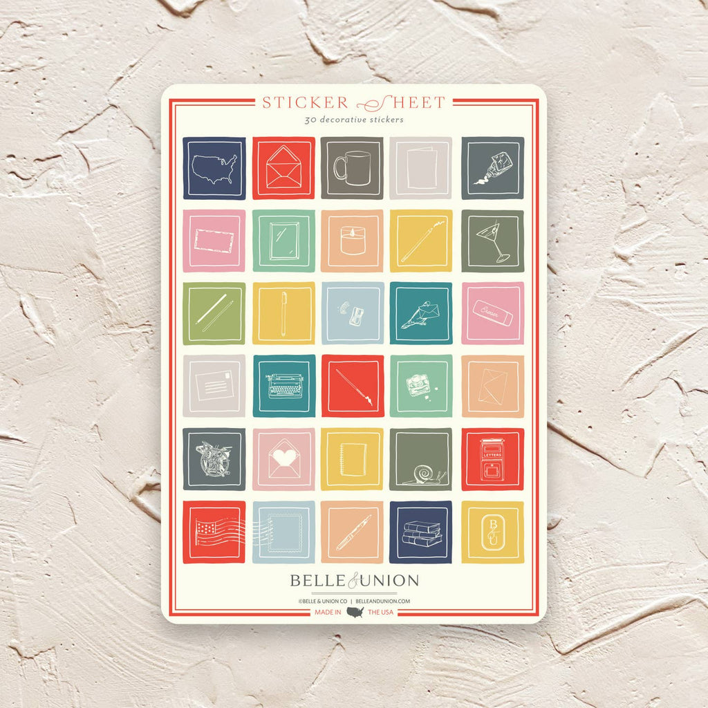 Sticker sheet of different color small stamps of stationery supplies.