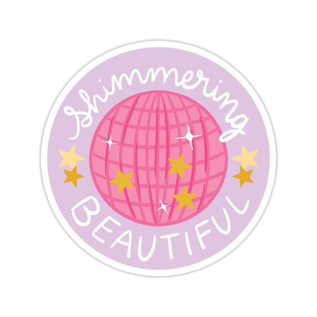 Image of circular sticker with lilac border and pink sphere with gold and yellow sparkles with white text says, "Shimmering beautiful". 