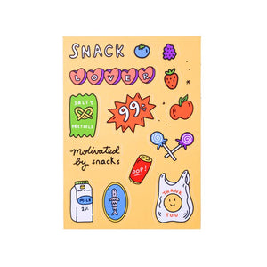 Sticker sheet with peach background and images of snacks including soda, milk, chips, lollipops, fruit and pretzels.