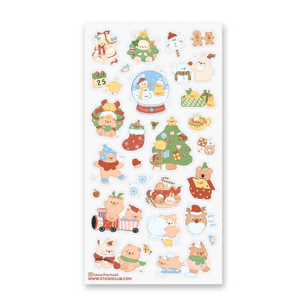 Sticker sheet of holiday things with cute animals dressed as Santa and decorating trees.