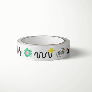 Decorative tape with white background with images of squiggles and flowers and designs in green, black, yellow and red. 