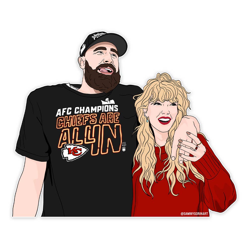 Decorative sticker with image of Taylor Swift and Travis Kelce with arms around each other. 