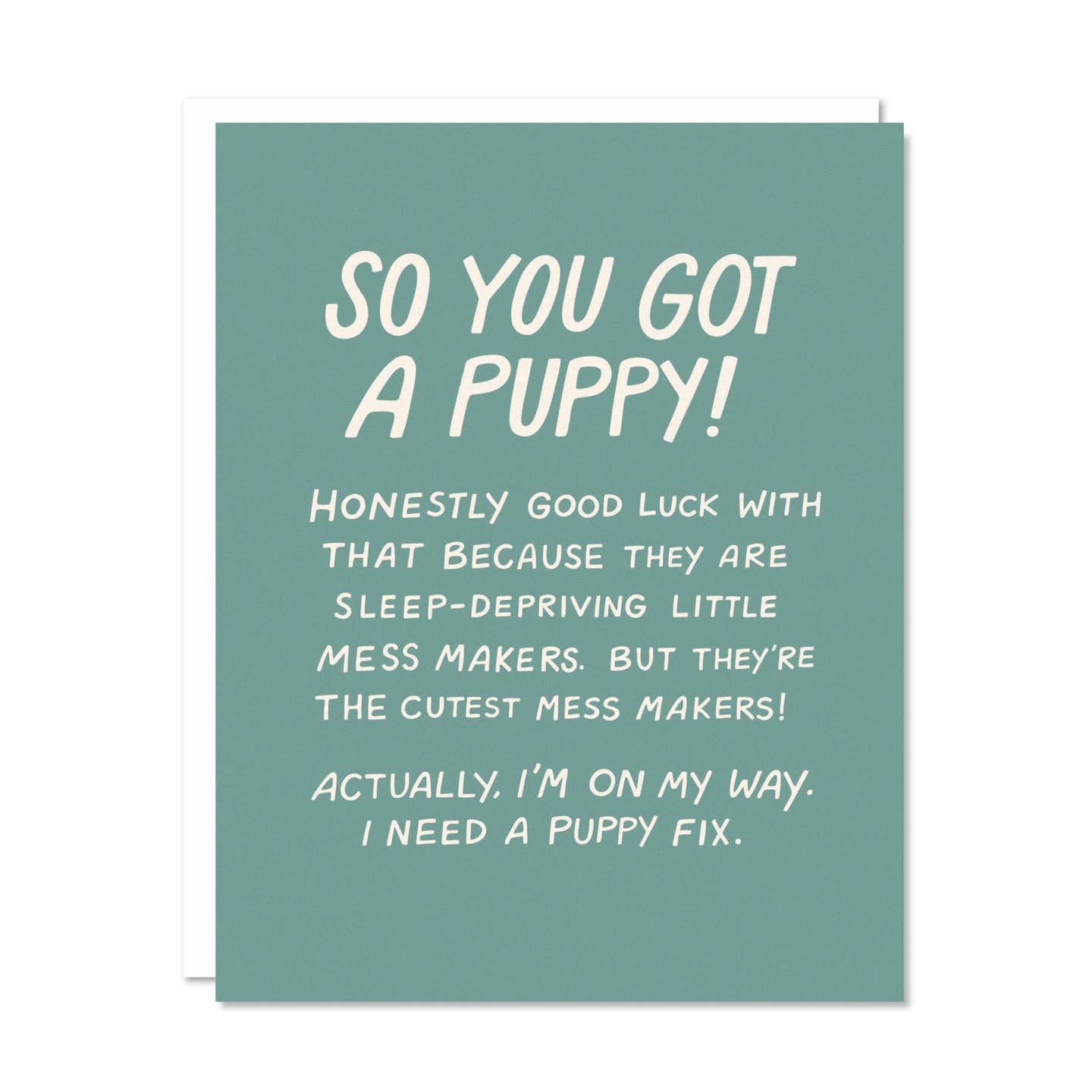 Greeting card with green background and white text says, "So you got a puppy!, Honestly good luck with that because they are sleep-depriving little mess makers. But they're the cutest mess makers!, Actually, I'm on my way. I need a puppy fix". White envelope included.