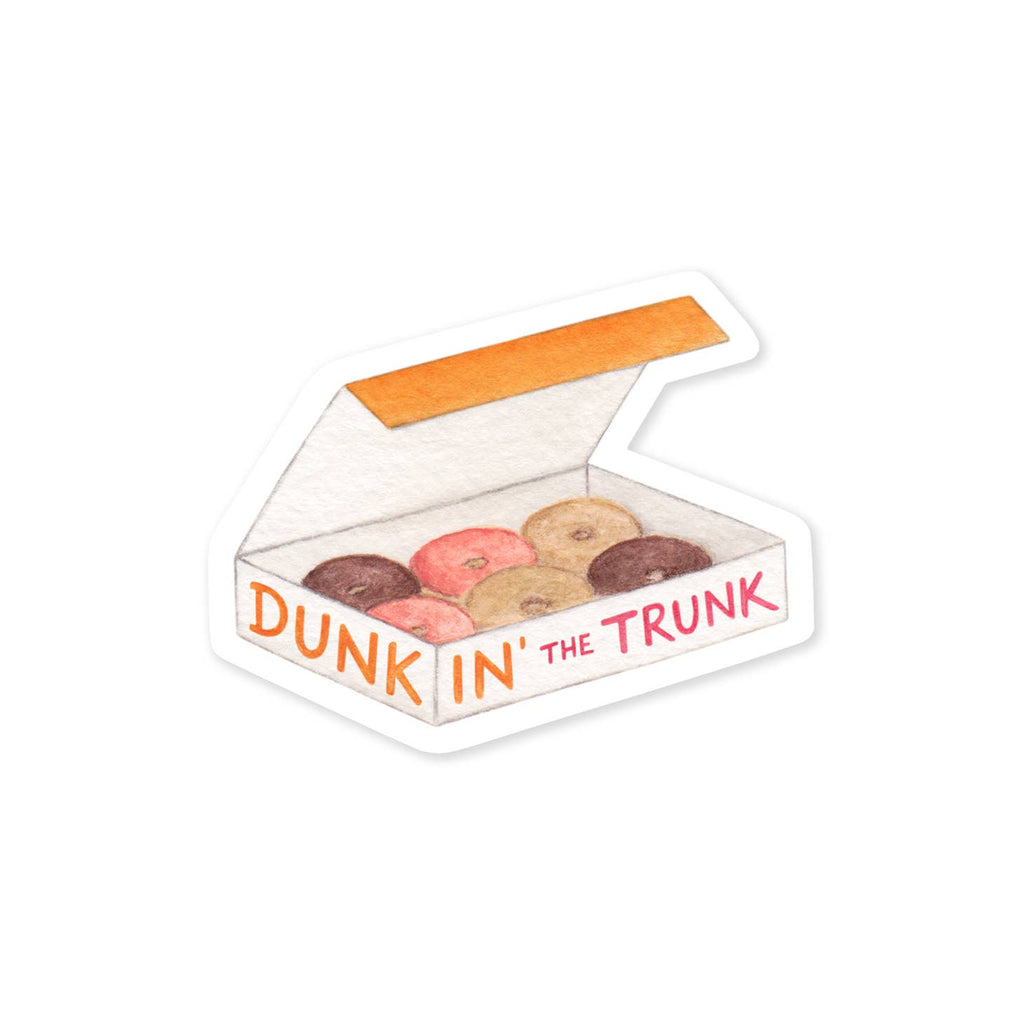 Image of a box of DD donuts with orange and pink text says, "Dunkin' the trunk". 