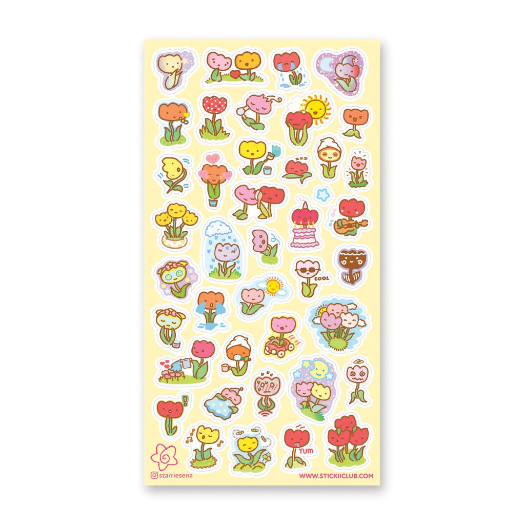 Sticker sheet with yellow background with images of red, yellow, pink and orange tulips doing various activities. 