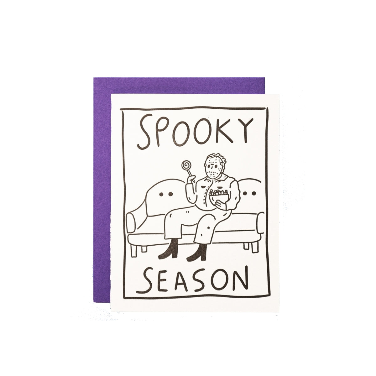 Greeting card with white background and image of Jason sitting on a ghost couch with a bowl of snacks and black text says, "Spooky season". Purple envelope included. 