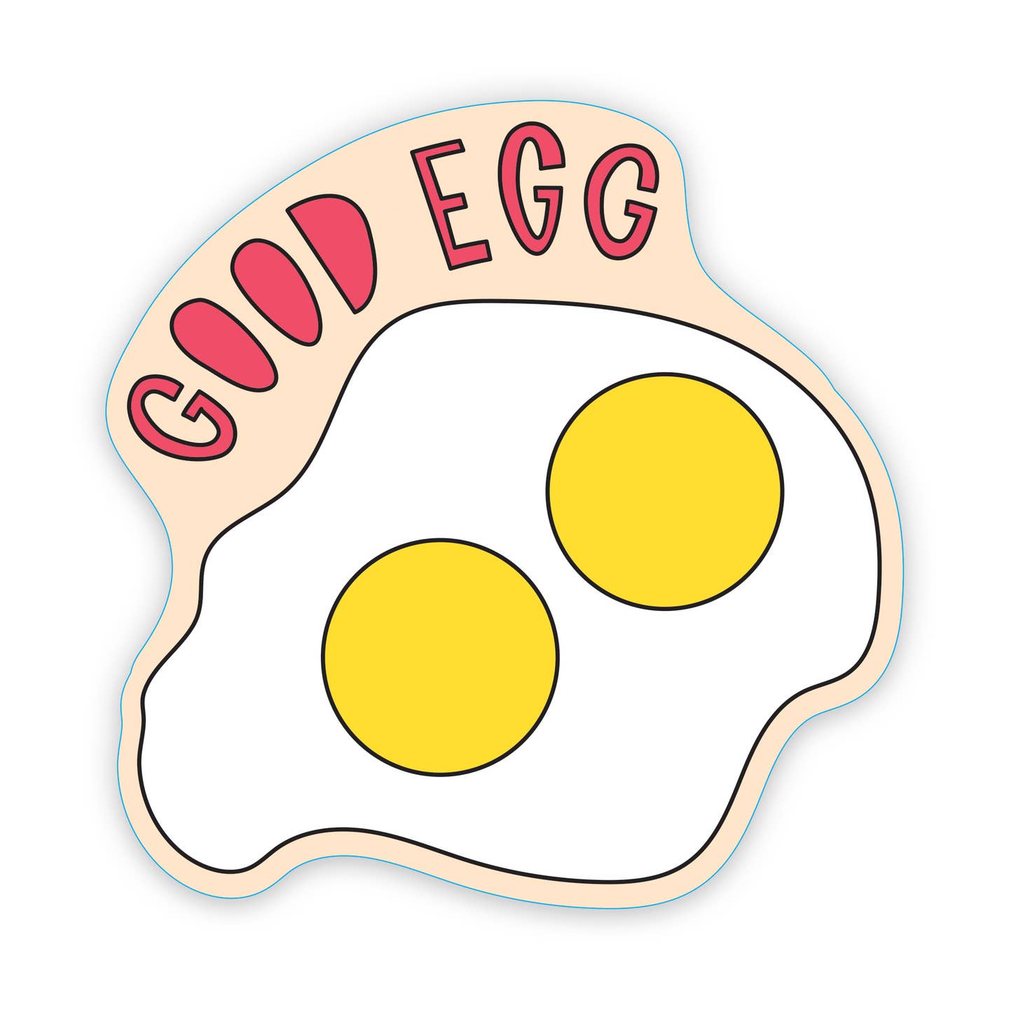 Decorative sticker with image of a double yolk egg and red text says, "Good egg". 