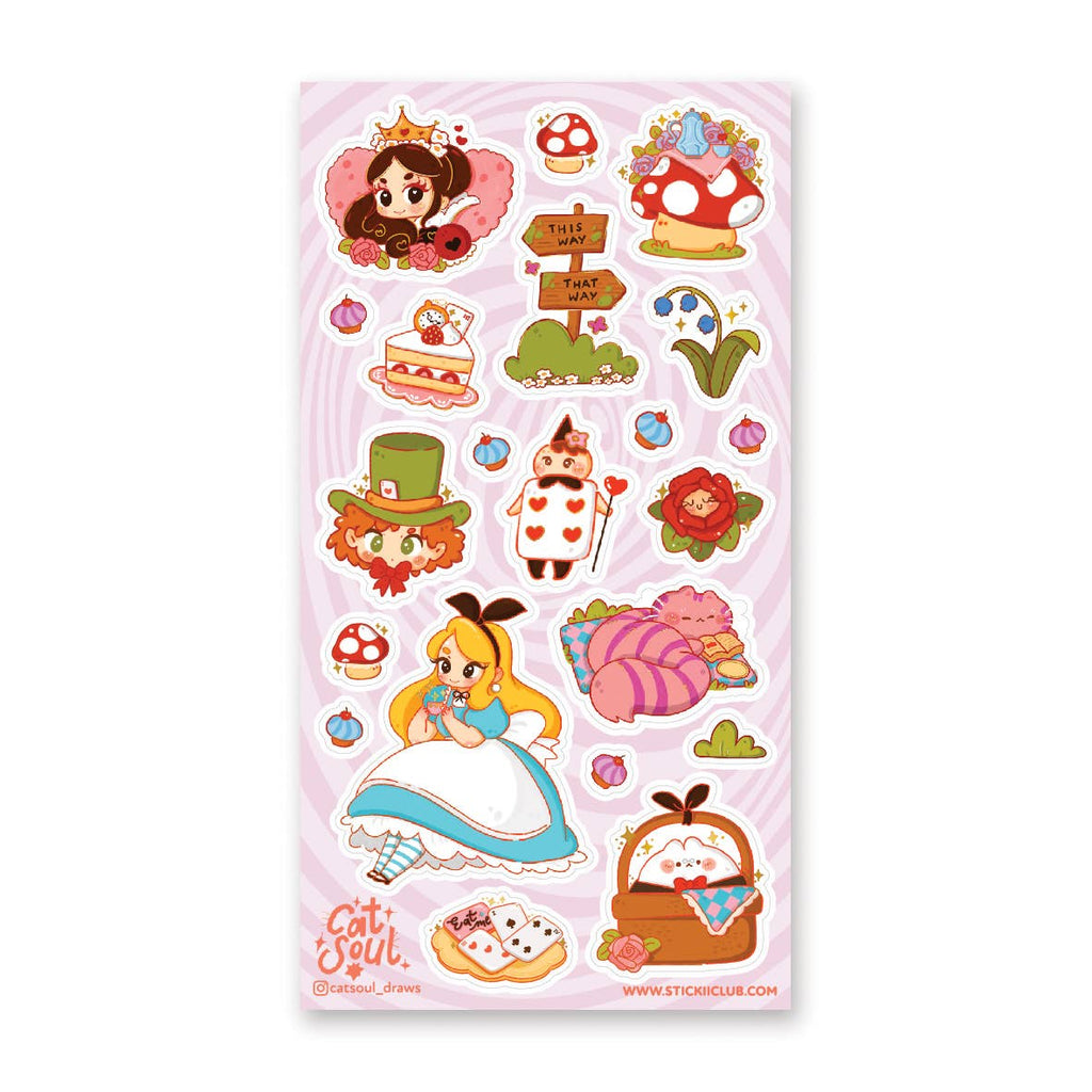 Sticker sheet with images of Alice in Wonderland characters in red, white, green, yellow and pink. 