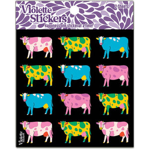 Sticker sheet with black background and images of cows in bright colors.