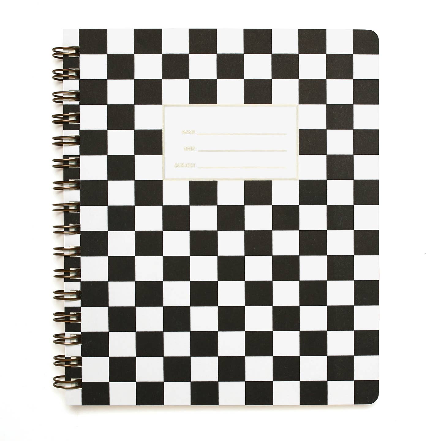 Notebook with black and white checkerboard design with white rectangle with gold text says, "Name, Date, Subject". 