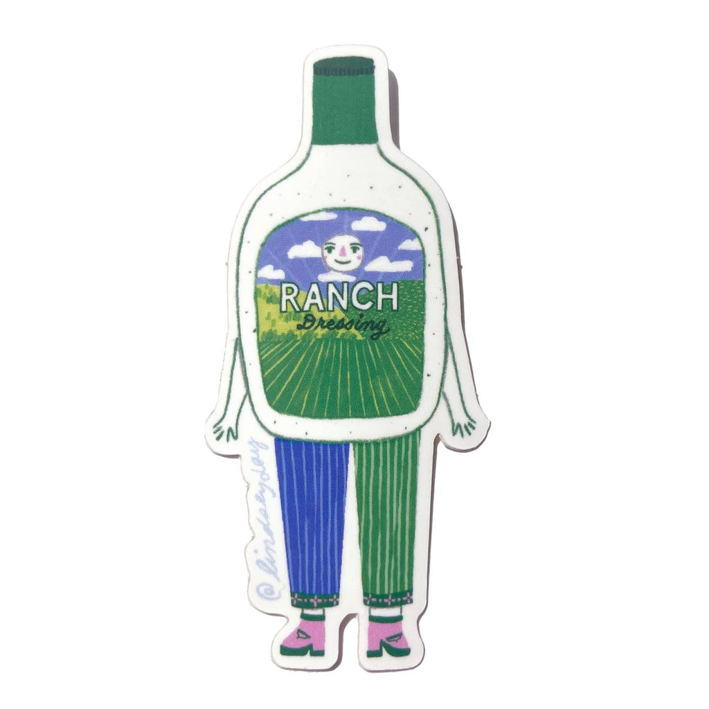 Image of sticker in the shape of a bottle of ranch dressing in cream background with blue green and white label and  legs in green and blue pants and arms.