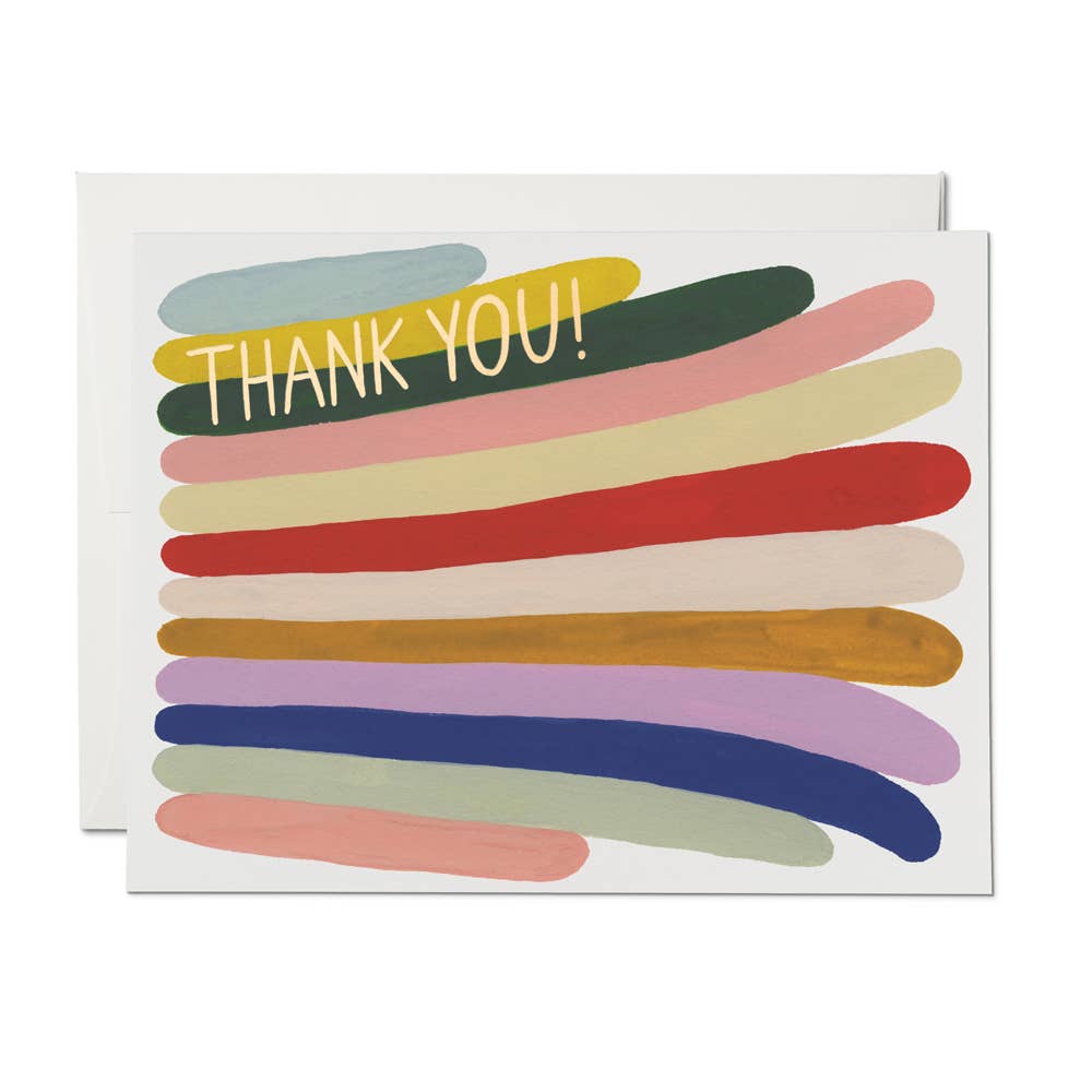 Rainbow feather-shaped stripes with "thank you" text in gold foil