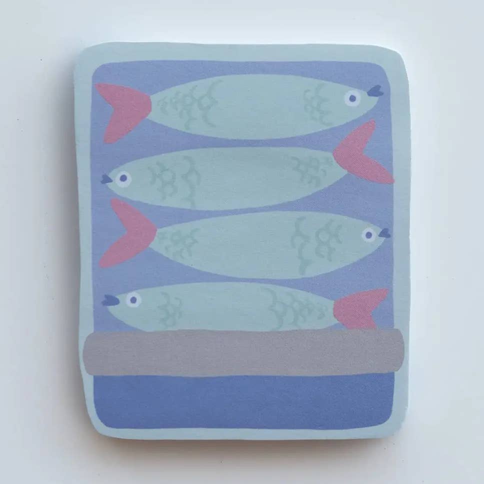Sticky notepad with blue backgrounda. nd images of light blue and pink sardines in a can.