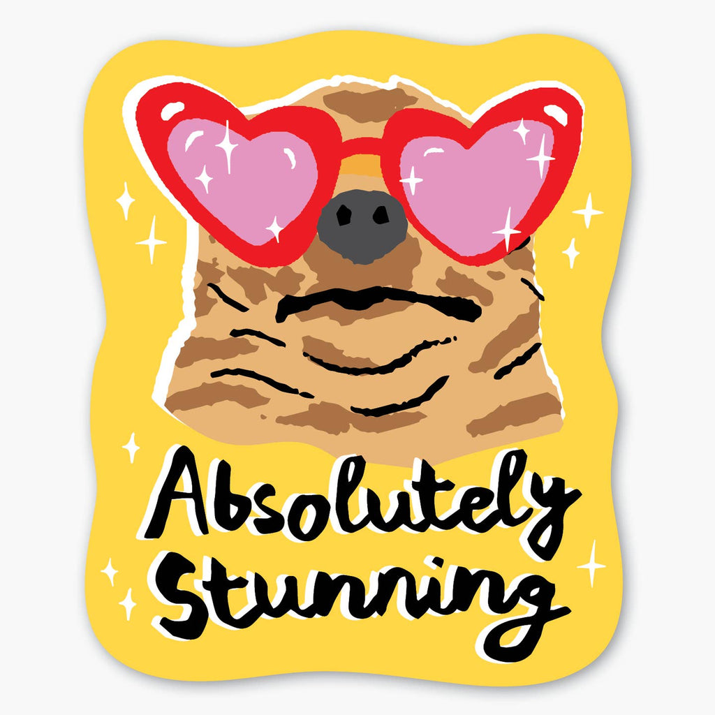 Sticker with yellow background with image of tan dog wearing pink and red heart shaped sunglasses and black text says "Absolutely stunning". 