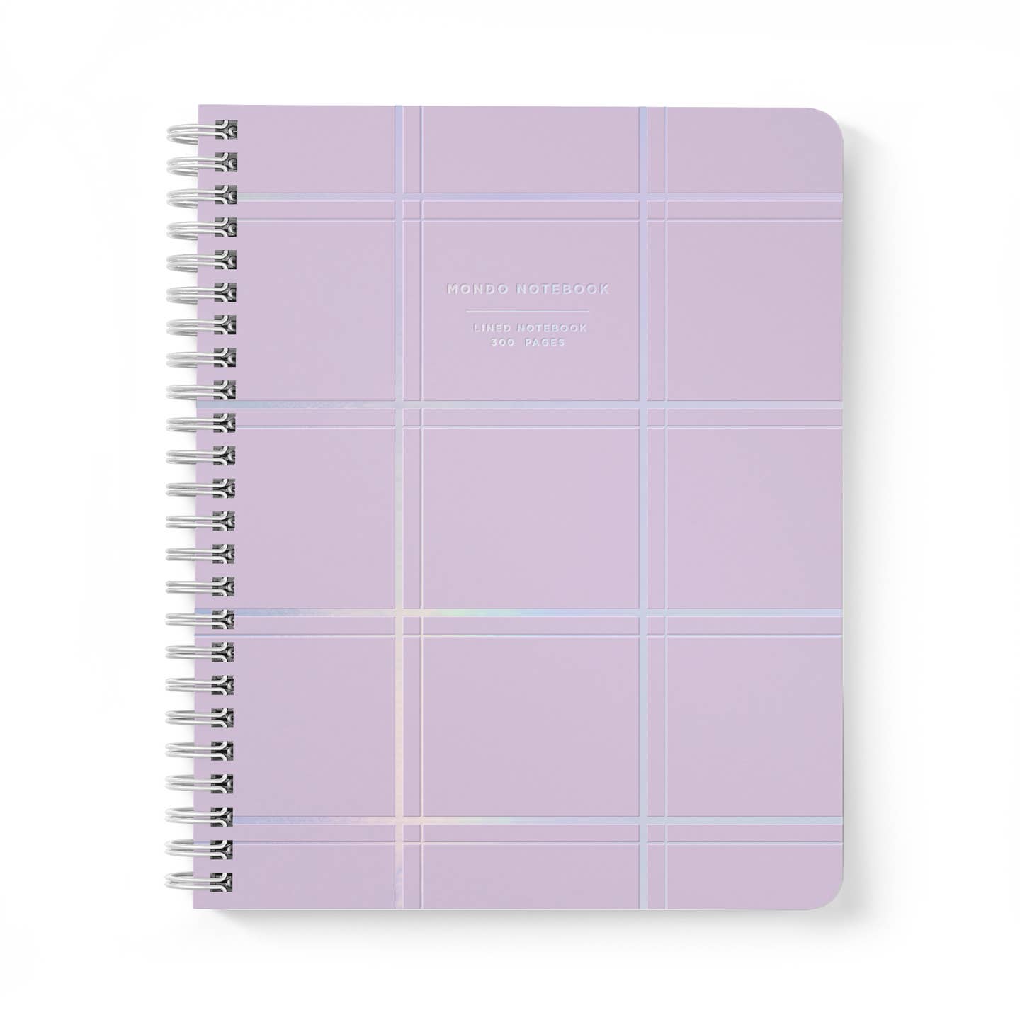 Notebook cover with lilac background and holographic large grid pattern and text says, "Mondo notebook, lined notebook, 300 pages". White coil binding on left side. 