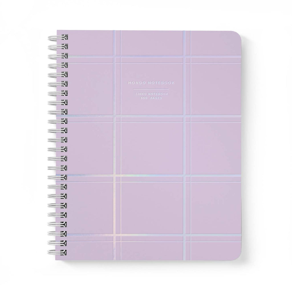 Notebook cover with lilac background and holographic large grid pattern and text says, "Mondo notebook, lined notebook, 300 pages". White coil binding on left side. 