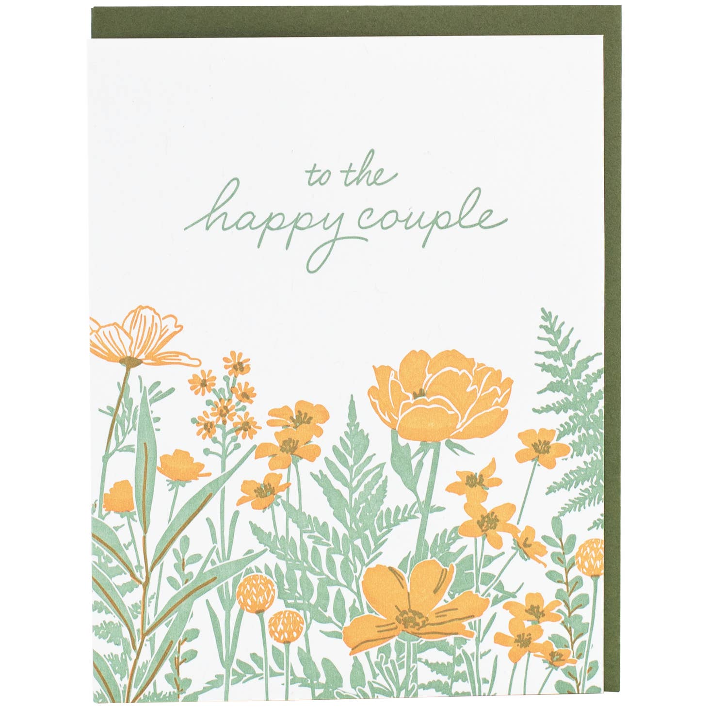 Ivory background with image of orange and peach flowers with light green ferns. Green text says, “to the happy couple”. Green envelope included. 