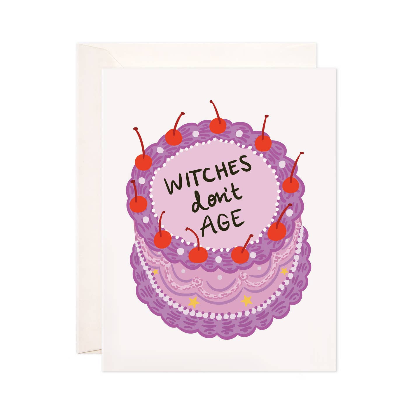 Greeting card with white background with image of a birthday cake in lavender, purple with red cherries. Black text says, "Witches don't age".  Envelope included.