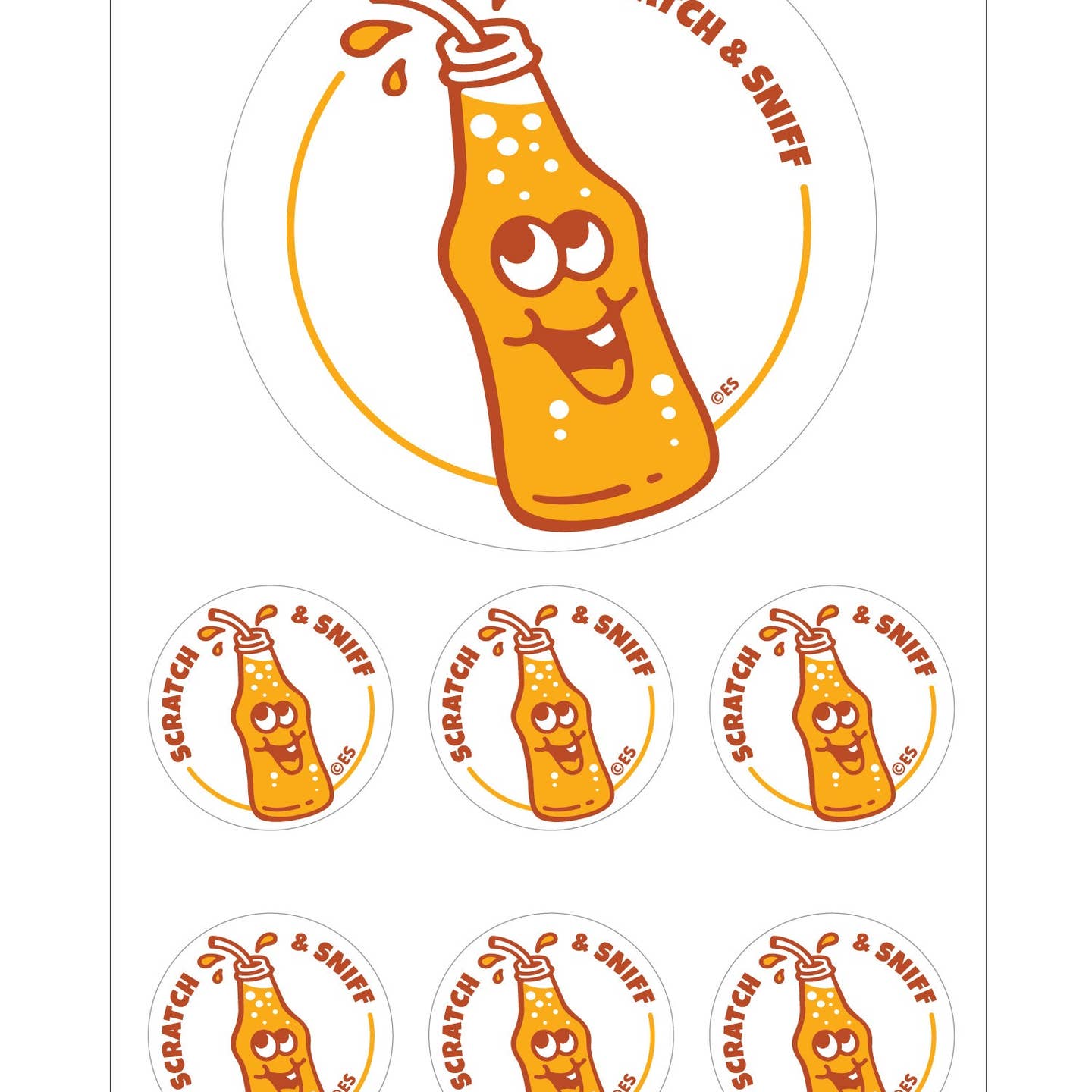 Sticker sheet with white background and images of bottles of orange soda.