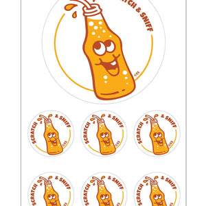 Sticker sheet with white background and images of bottles of orange soda.