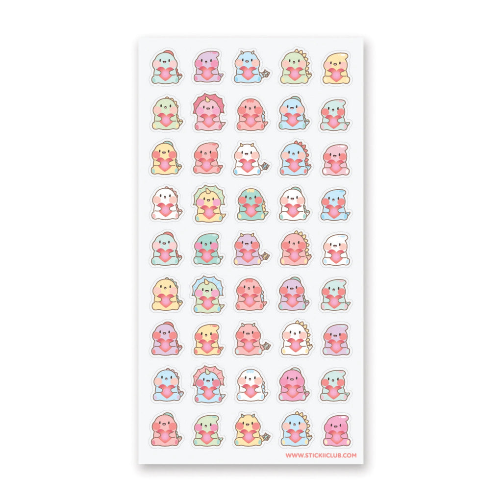 Sticker sheet with white background with image of pastel dinosaurs holding little red hearts, 