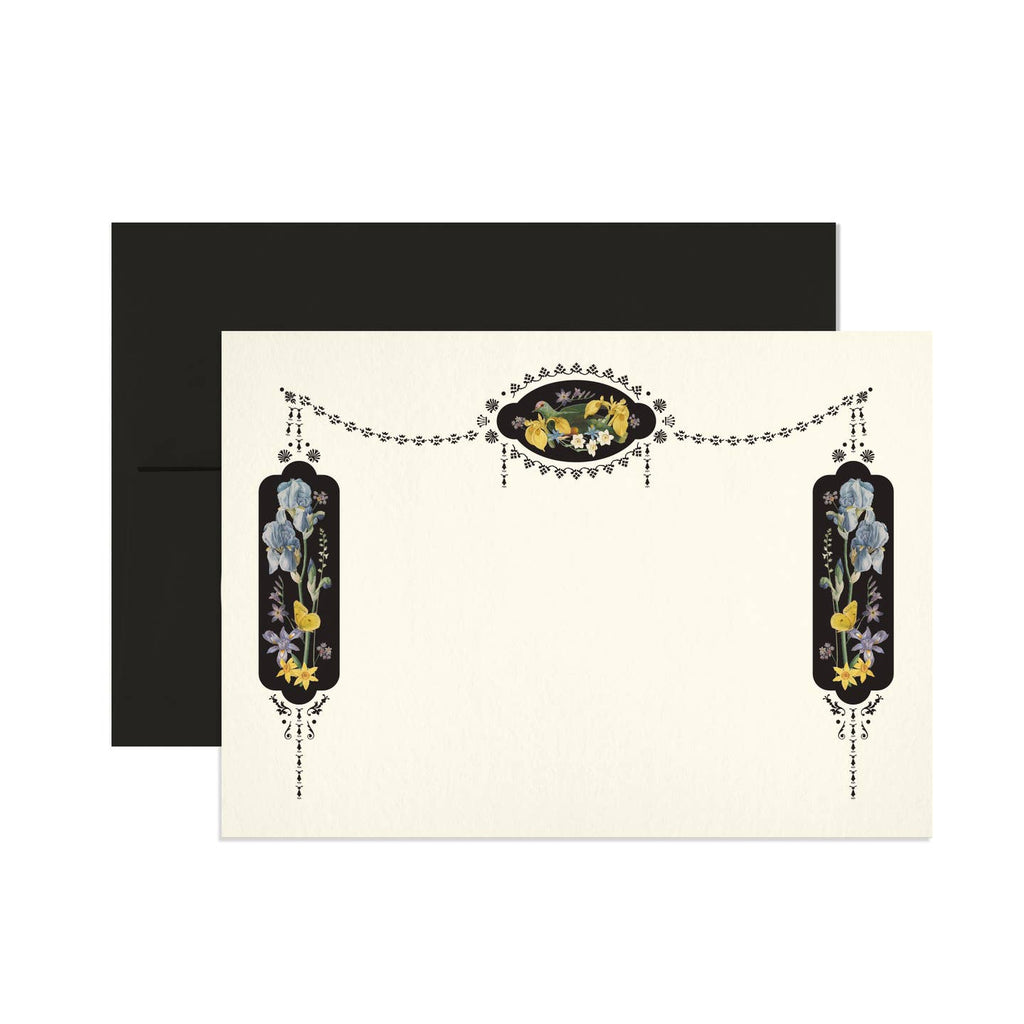 Notecard set with white background and images of black ovals with images of flowers and birds on border of card. Black envelopes included. 
