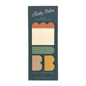 Sticky notes in tan with rust scalloped edge at top and additional notes in green, brown and mustard.