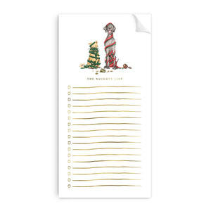 Image of white background notepad with image of a dog and cat wrapped up in garland and holiday ribbon. Gold foil text says, "The naughty list" and has gold lines and checkboxes. 