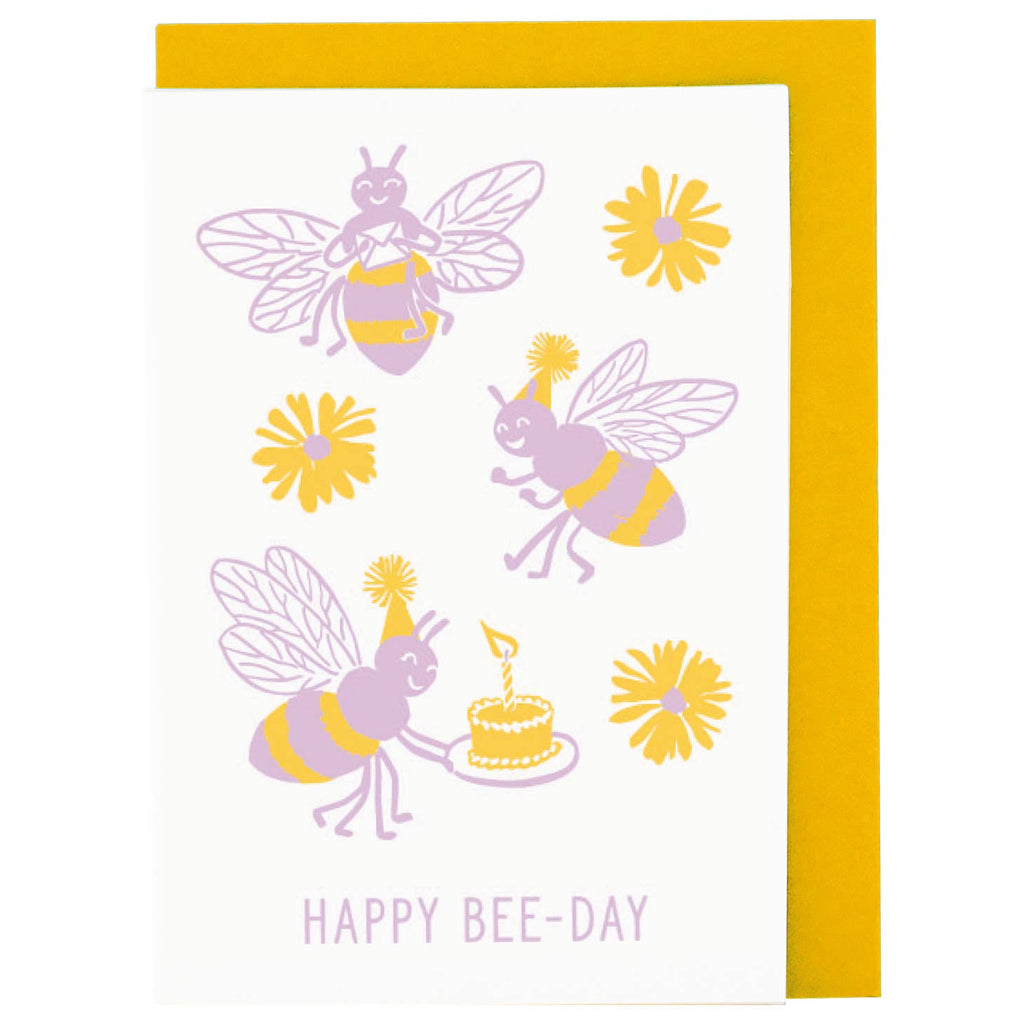 White background with image of lilac and yellow bees and yellow flowers with lilac text says, "Happy Bee-day". Yellow envelope is included. 