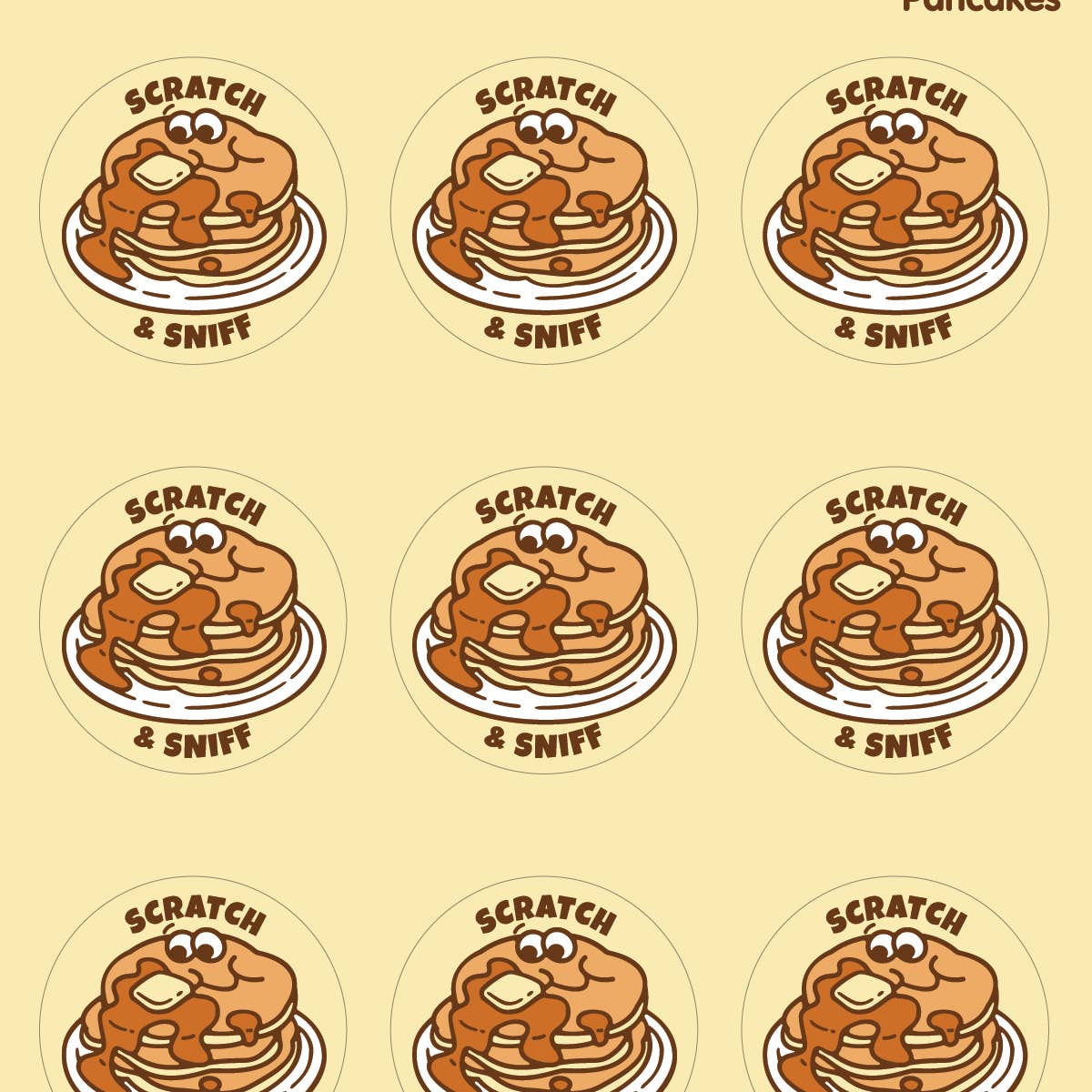 Sticker sheet with yellow background and images of a plate of pancakes with butter and syrup. 
