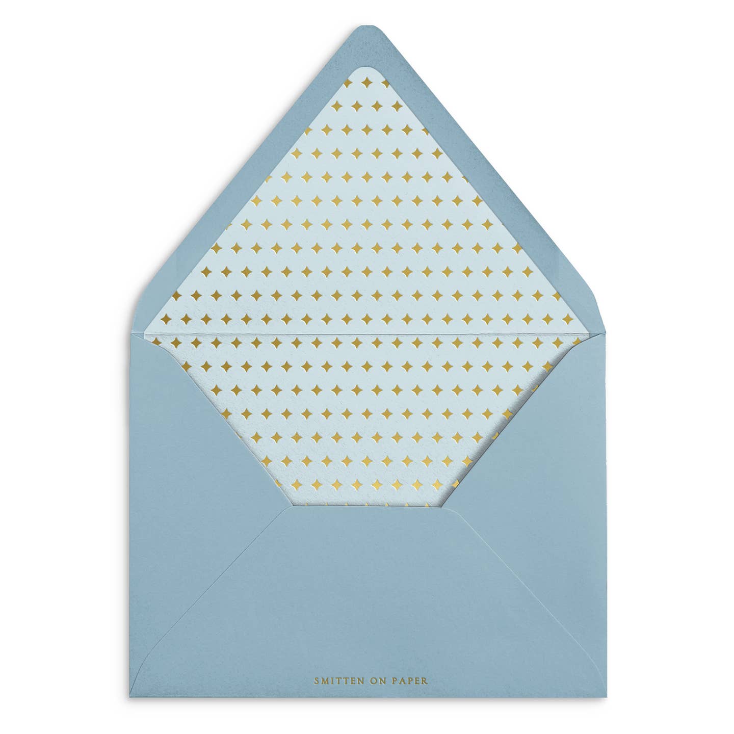 Blue envelope with inner lining in pale blue with gold foil diamond accents. 