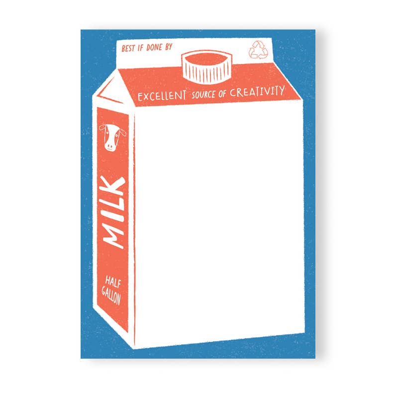 Notepad with blue background and image of milk carton in red and white with white area for writing notes, White text on carton says, "Best if done by", "excellent source of creativity", and "milk" with image of a cow.