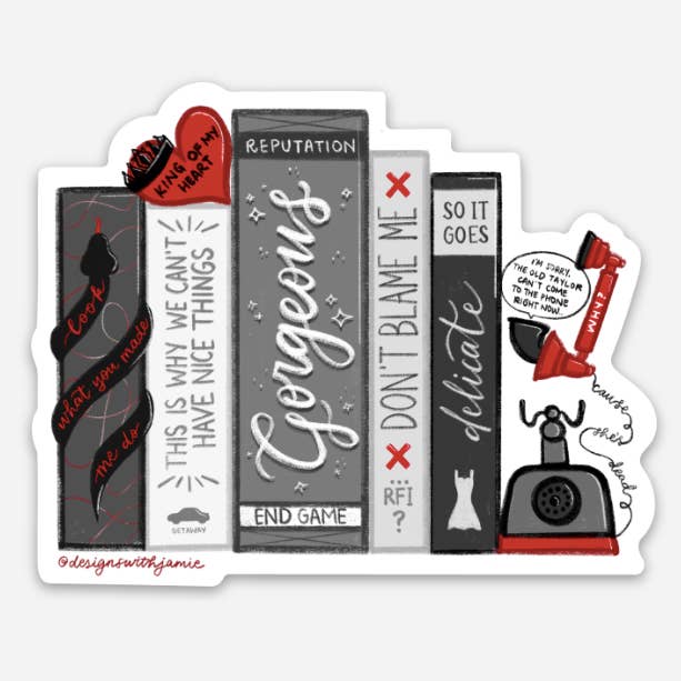 Decorative sticker with image of a set of books in black, grey and white with the names of songs on Taylor Swift's Reputation album.