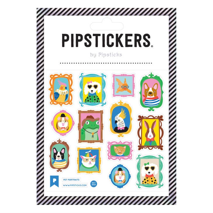 Image of sticker sheet with white background and  images of framed images of birds, frogs, birds, cats, and dogs in bright colors. 