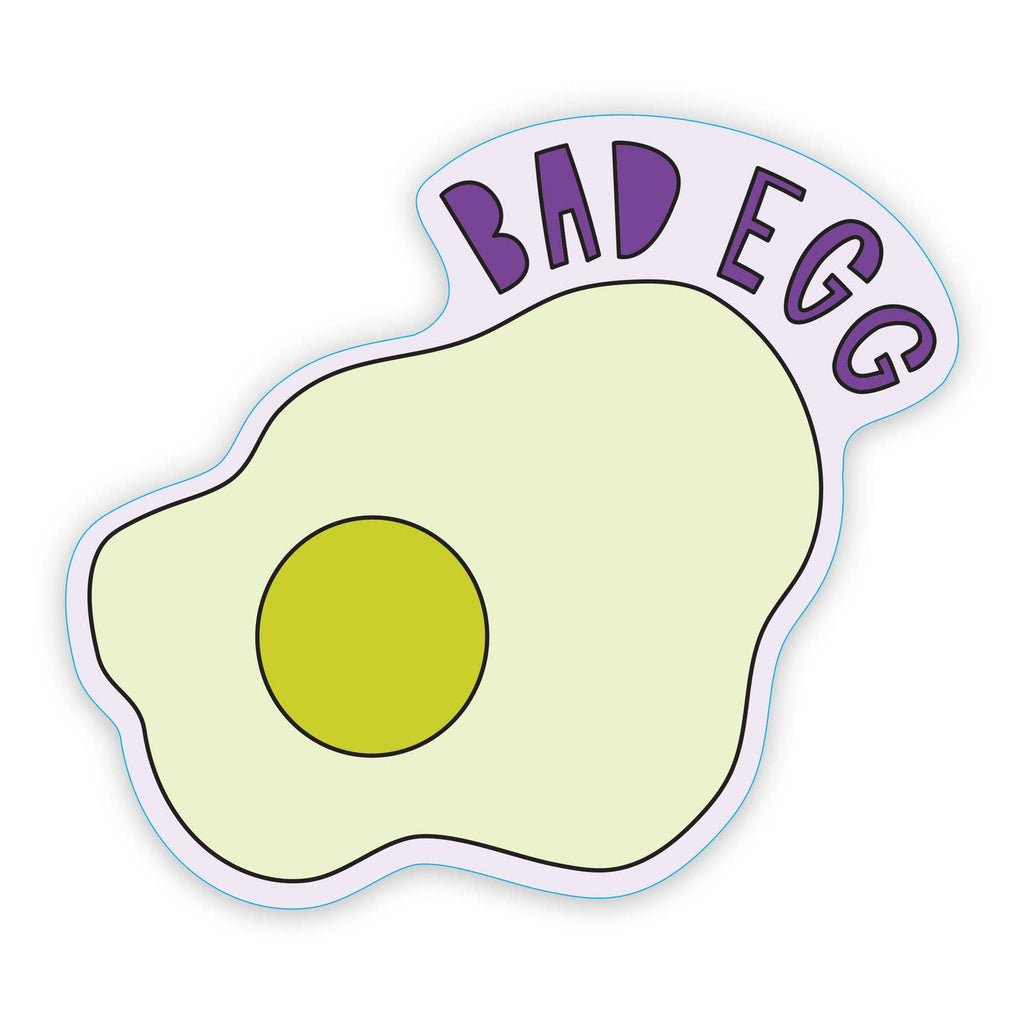 Decorative sticker in image of a fried egg in yellow and purple border with purple text says, "Bad egg". 