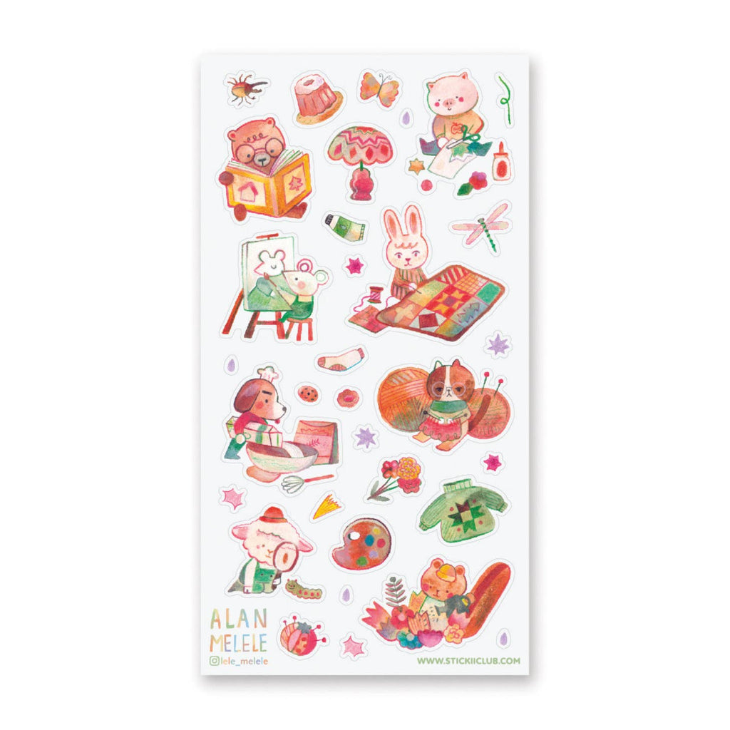 Sticker sheet with white background with images of dogs, cats, bunnies, bears and lambs doing artistic activities.