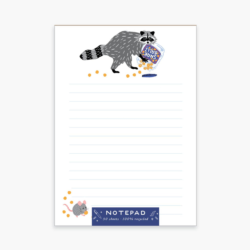 Notepad with white background with light blue lines and image of raccoon carrying a bucket of snack balls in its paws with a mouse eating snack balls in the bottom left corner. 