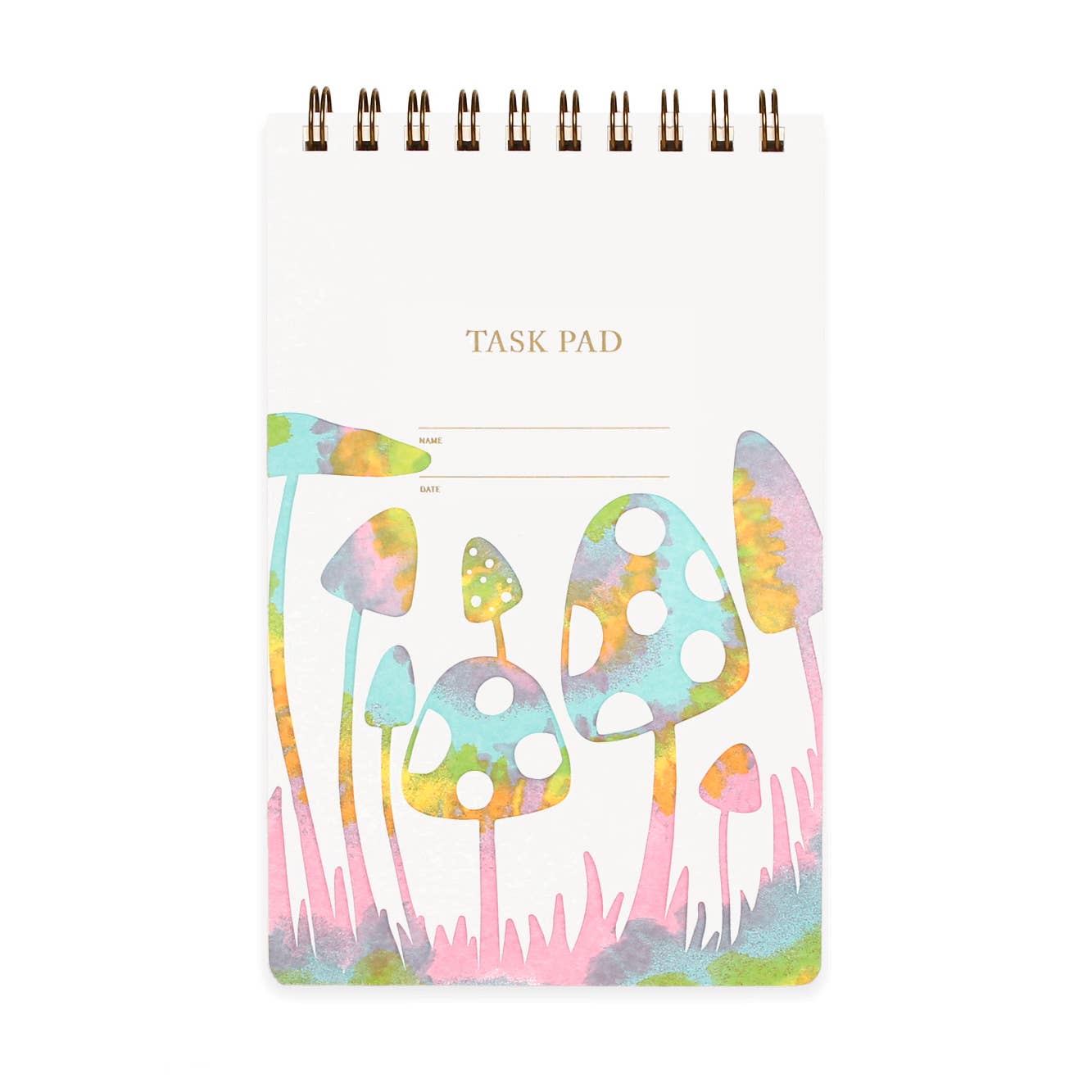 Task pad with bronze coil top binding and ivory cover with images of tye dyed toadstools on lower edge of cover in pink, blue, yellow and white with gold foil text says, "Task pad, Name, Date".