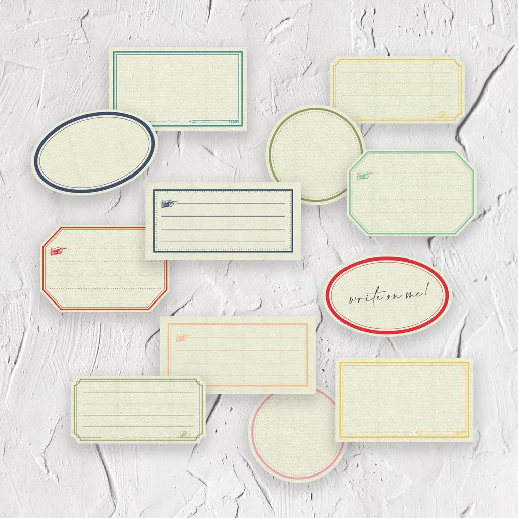 Images of stickers in rectangles, squares and circles with cream background and borders in red, blue, green, yellow and pink.