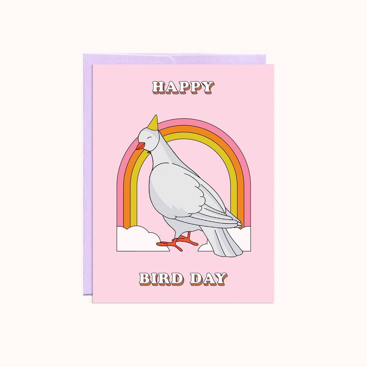 Greeting card with pink background and image of a white bird wearing a party hat with a pink, orange and yellow rainbow and white clouds. White text says, "Happy Bird Day". Lilac envelope included. 