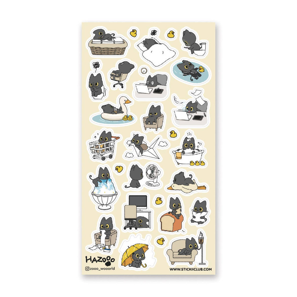Sticker sheet with tan background and images of black cats doing different activities like bathing, reading, riding a duck and sleeping. 