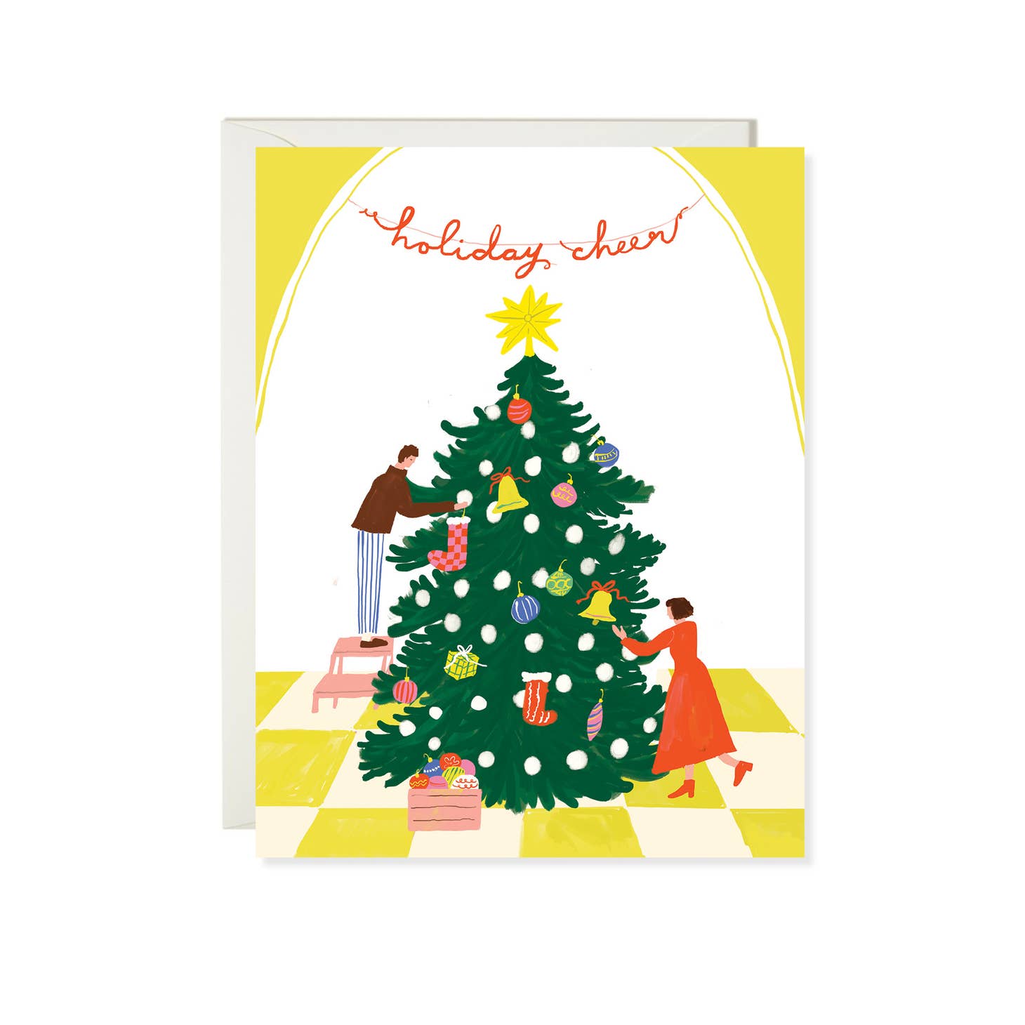 Image of a couple decorating a Christmas tree with red text says, "Holiday cheer". White envelope included. 