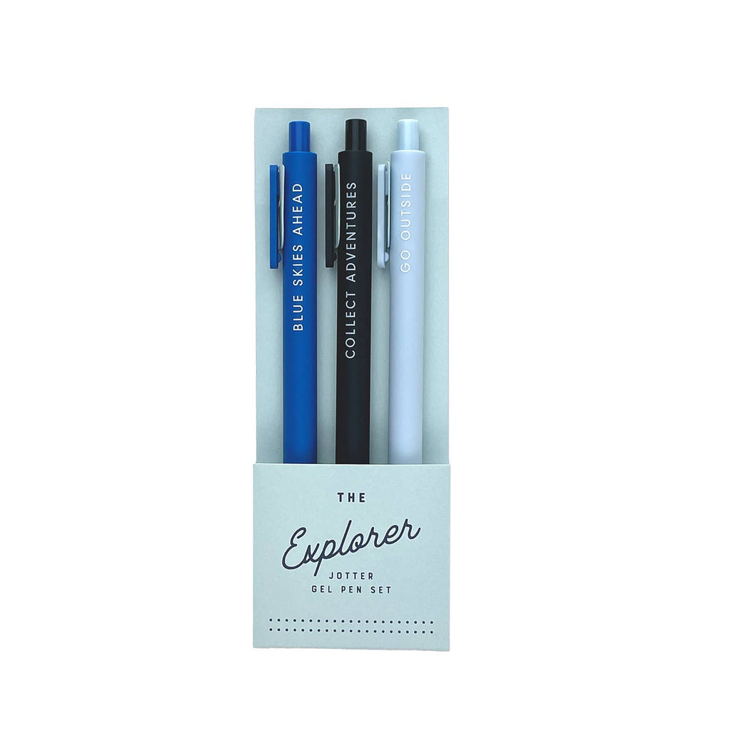 Set of three pens in blue, black and light blue. White text on pens says, "Blue skies ahead, collect adventures, Go outside". 