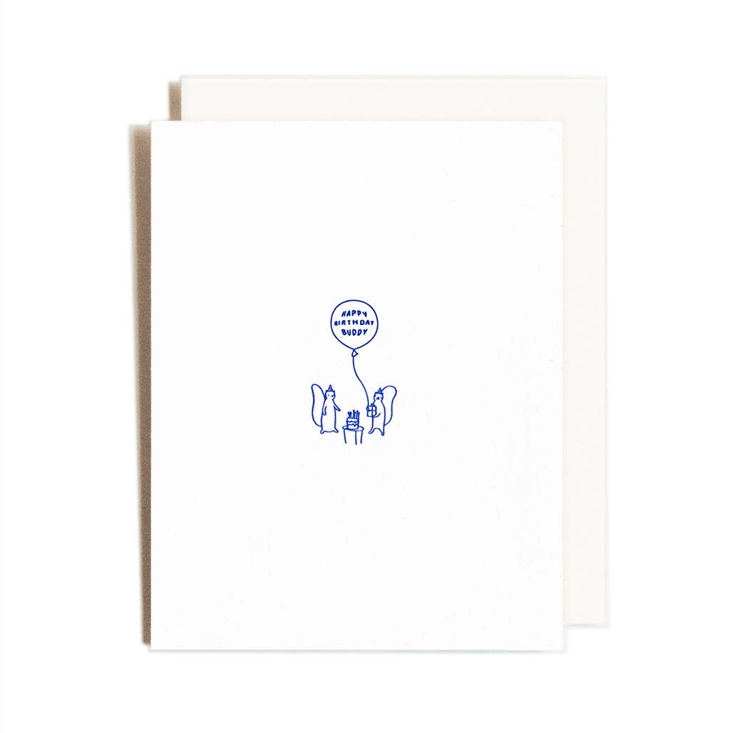 greeting card with 2 small squirrels holding a gift and a balloon that says "happy birthday buddy" in navy ink
