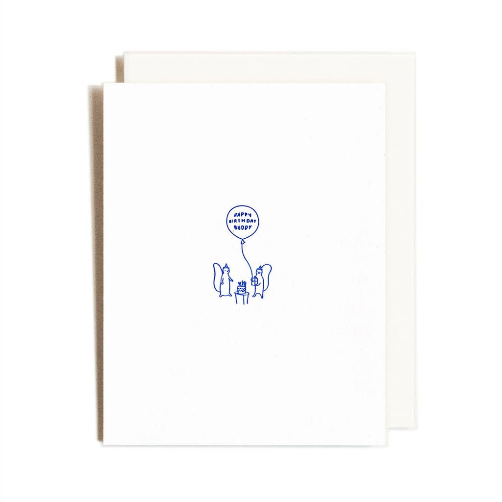 greeting card with 2 small squirrels holding a gift and a balloon that says "happy birthday buddy" in navy ink