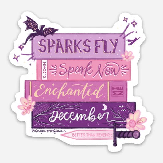 Decorative sticker with image of a stack of books in pink, lilac and purple with the names of songs on Taylor Swift's Speak Now album.