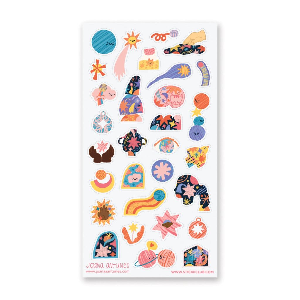 Sticker sheet with images of plantets and space items in blue, pink, red, grey, orange and teal. 