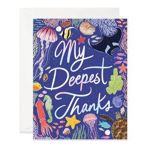 Greeting card with blue background and images of deep sea creatures and silver foil text says, "My deepest thanks". Grey envelope included.